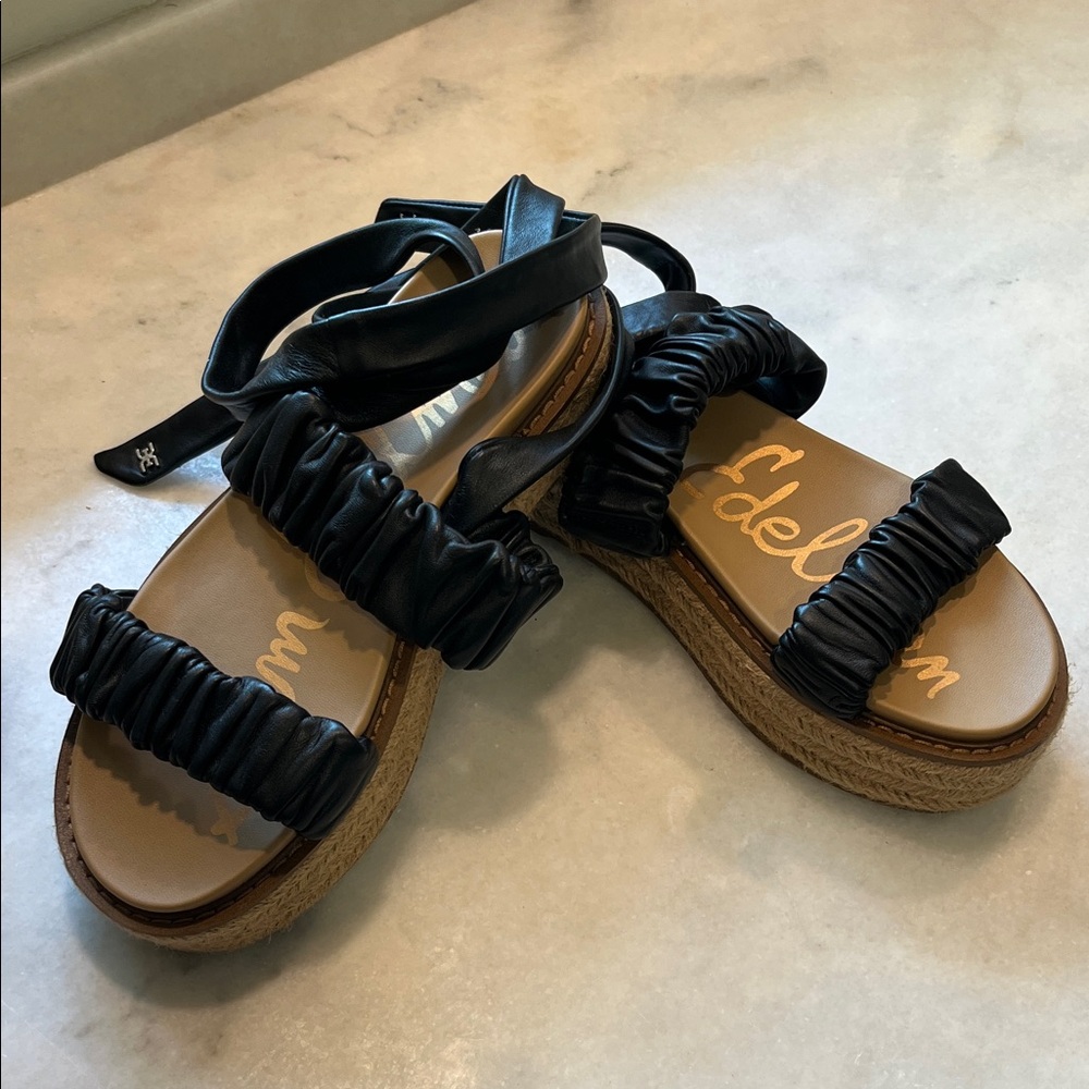 Sam Edelman Black Ruched Strap Sandals with Espadrille Platform - size 7